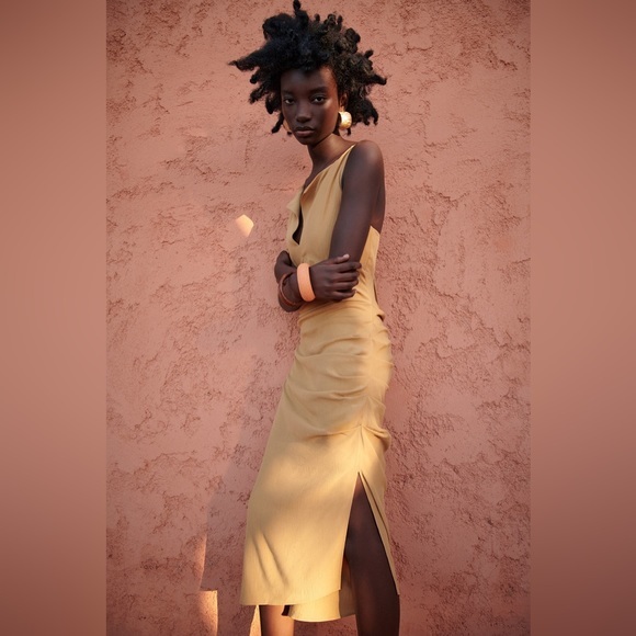 Zara Strappy Midi Neutral Dress with Draped Detail - Picture 5 of 15